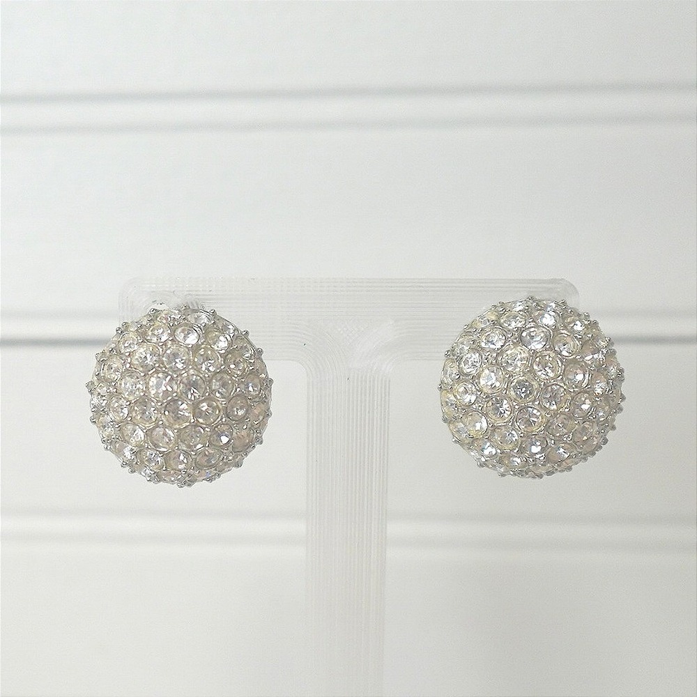 Vintage Sphinx Rhinestone Clip-on Earrings Round Dome Silver Tone Signed Jewelry